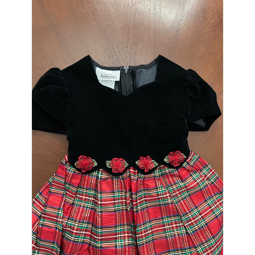 Vintage Bonnie Jean Girls Black Velvet Red Plaid Holiday Christmas Dress Size 4 - Picture 2 of 3